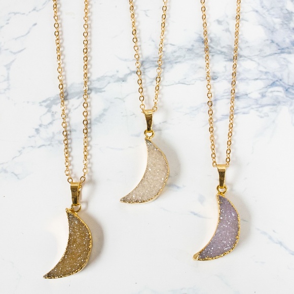 Ooh La Lou Jewelry - 24k Gold Dipped Drusy Quartz Geode Moon Necklace
